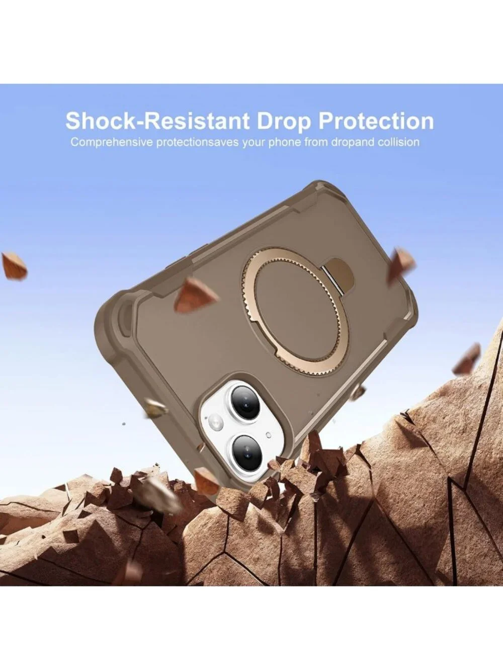 Slim Khaki iPhone 13 & 14 Case with Magnetic Kickstand, 10FT Drop Protection